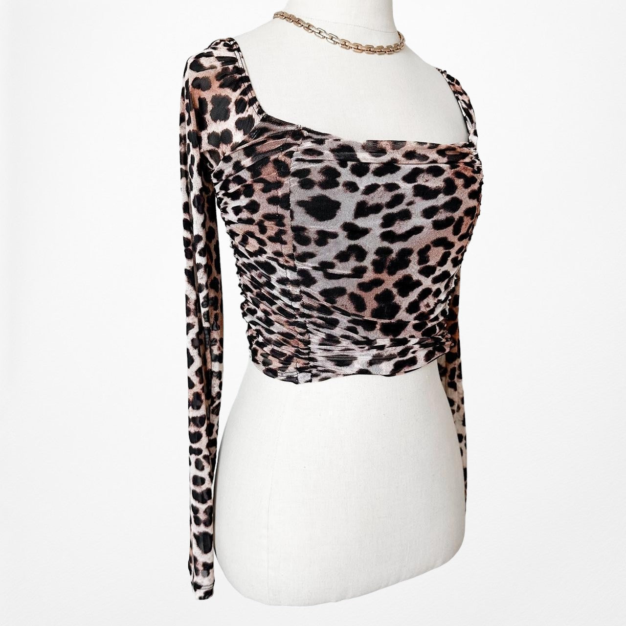 Urban Outfitters Animal Leopard Print Long Sleeve Pleated Knit Crop Top Size S