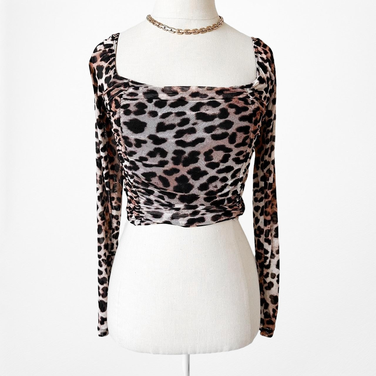 Urban Outfitters Animal Leopard Print Long Sleeve Pleated Knit Crop Top Size S