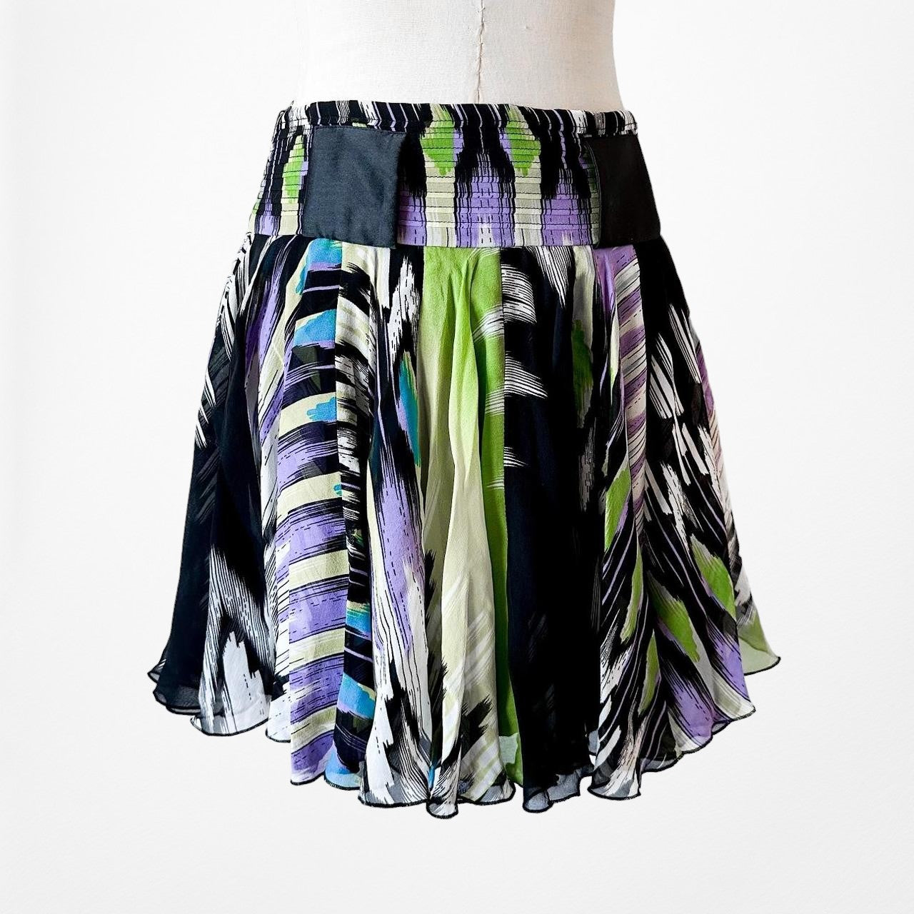 Bebe Black Silk White Purple Green Flared Pleated Skater Flowy Mini Skirt Size S