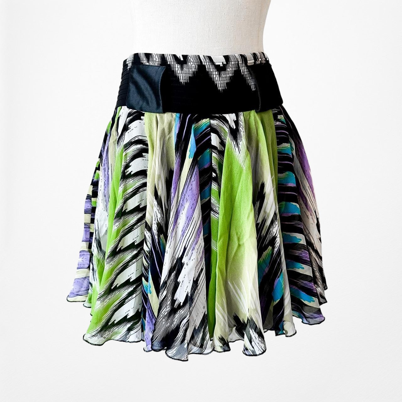 Bebe Black Silk White Purple Green Flared Pleated Skater Flowy Mini Skirt Size S