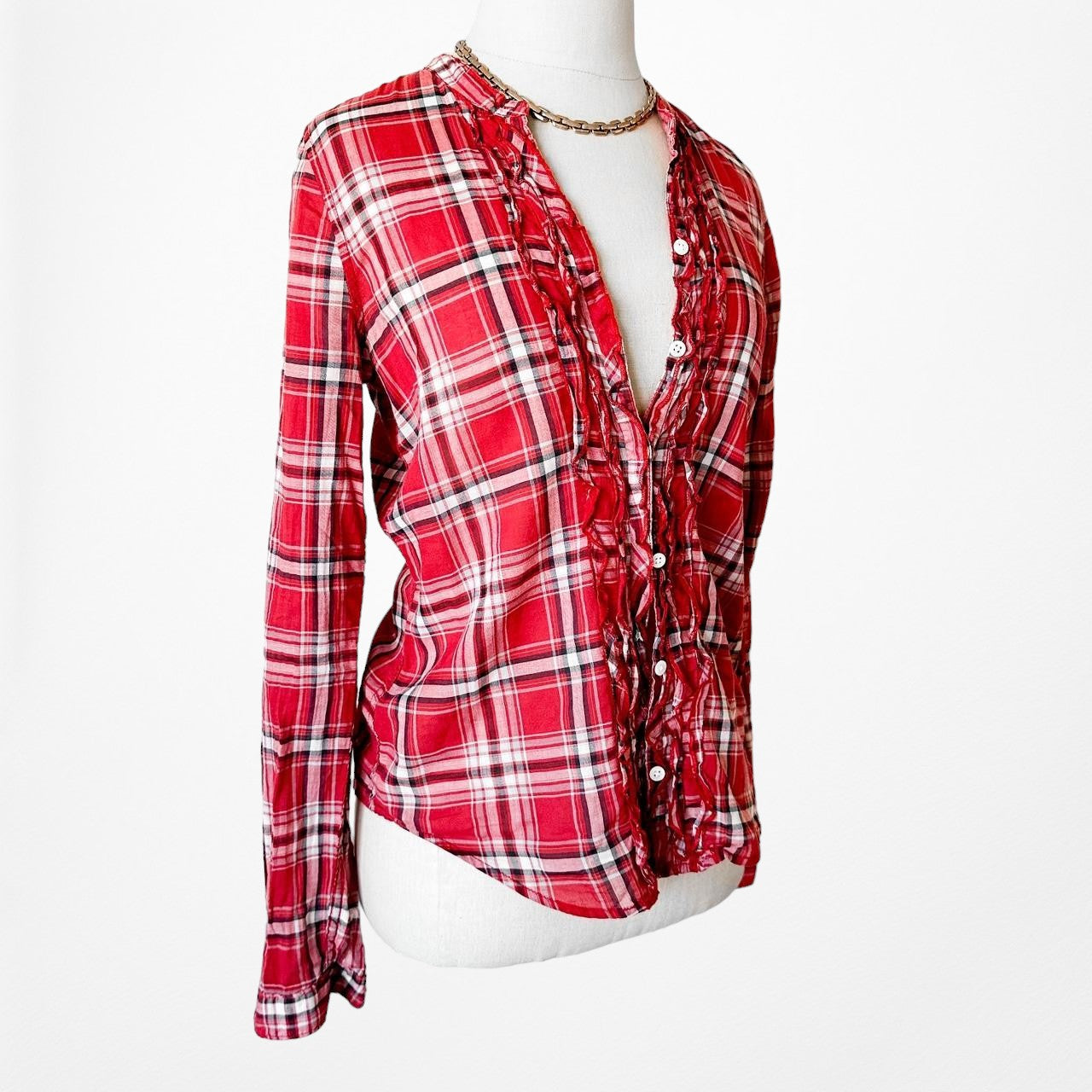 Abercrombie Red White Ruffle Button Down Plaid Shirt Blouse Top Size XS