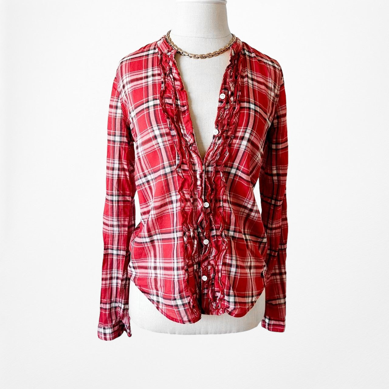 Abercrombie Red White Ruffle Button Down Plaid Shirt Blouse Top Size XS