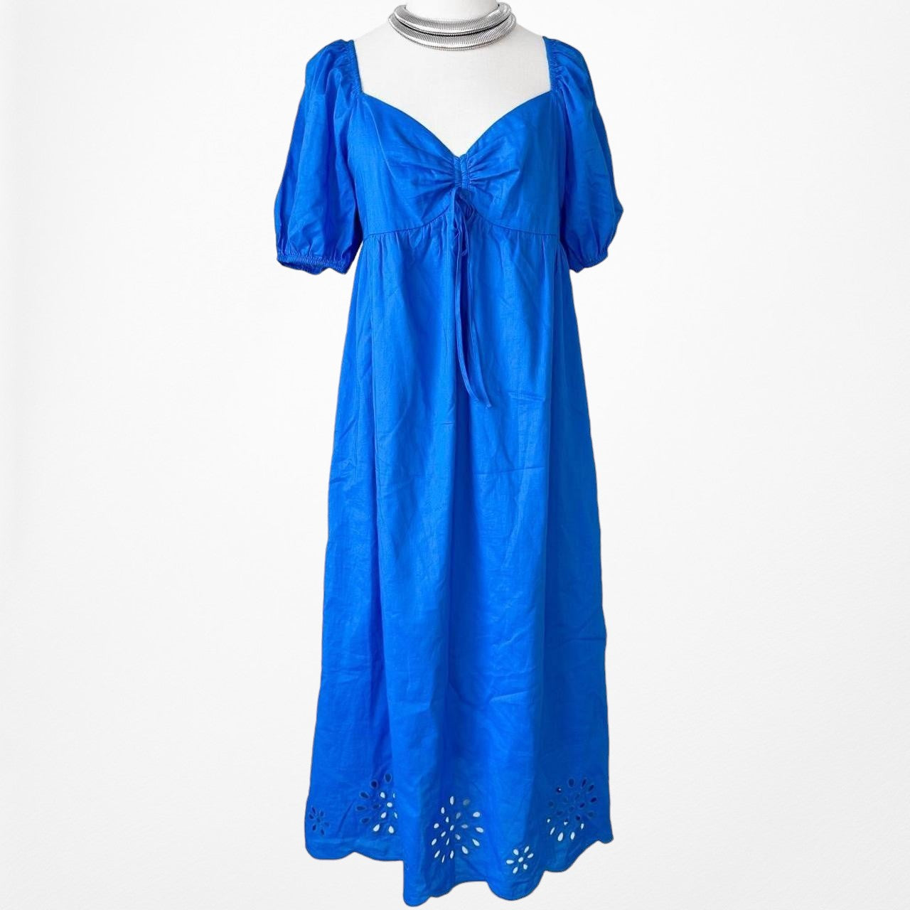 Lauren Conrad Blue Puffy Sleeve Cutout Babydoll Shift Midi Dress Size M