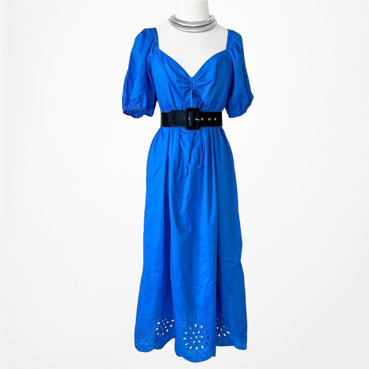 Lauren Conrad Blue Puffy Sleeve Cutout Babydoll Shift Midi Dress Size M