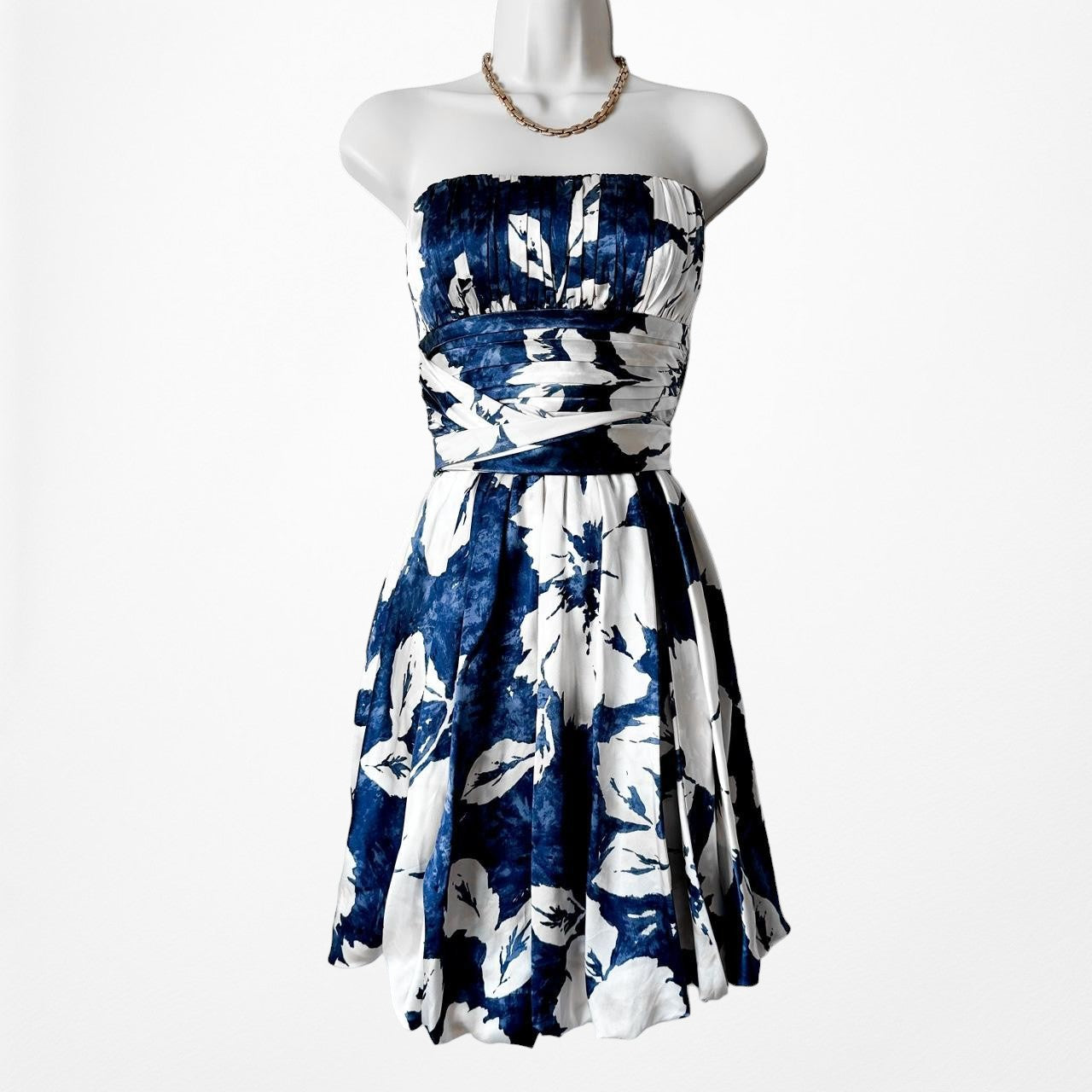 BcbgMaxazria Blue White Floral Strapless Pleated Knee Length Silk Dress Size XS