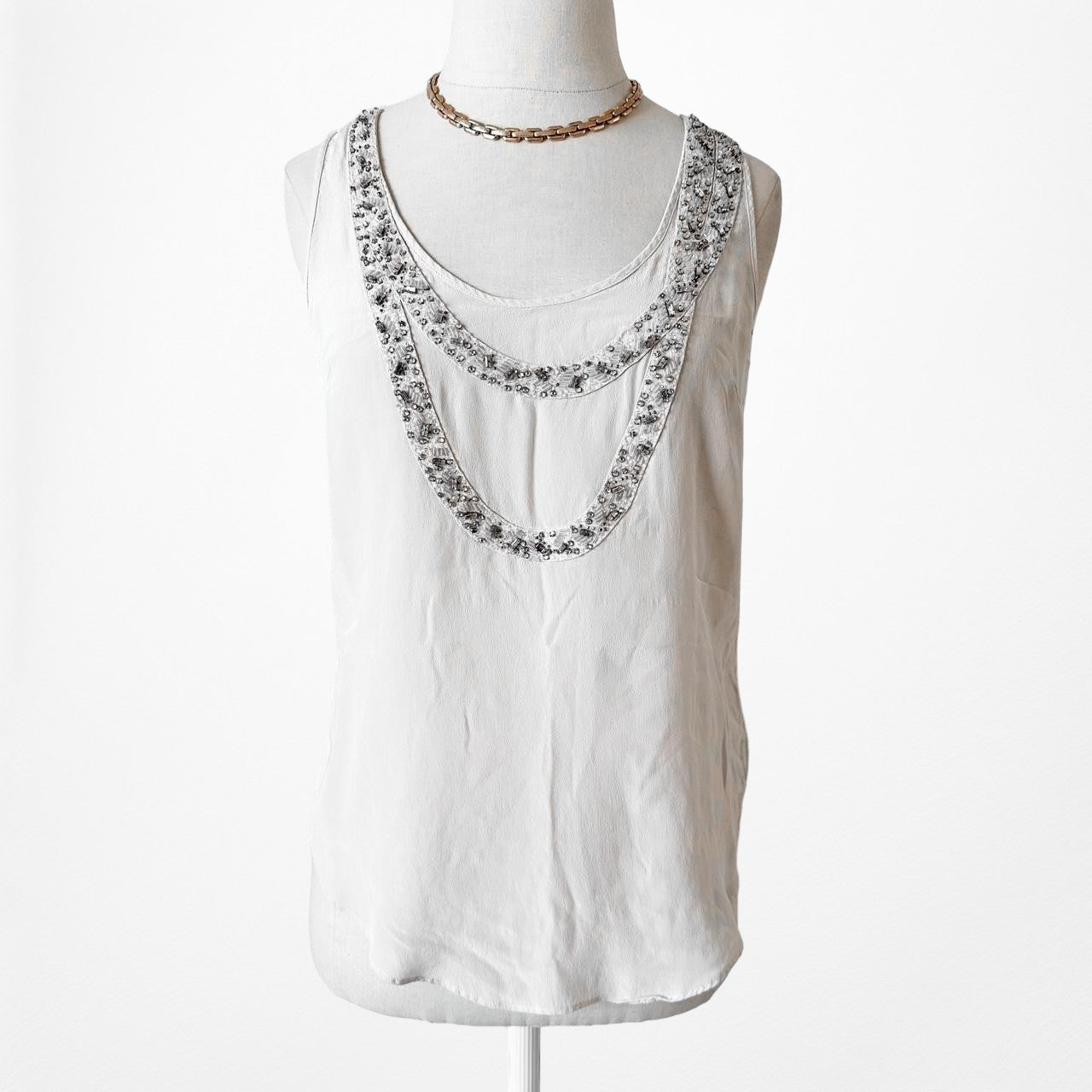 Forever 21 White Cream Sequin Rhinestone Beaded Scoop Neck Tank Top Size S