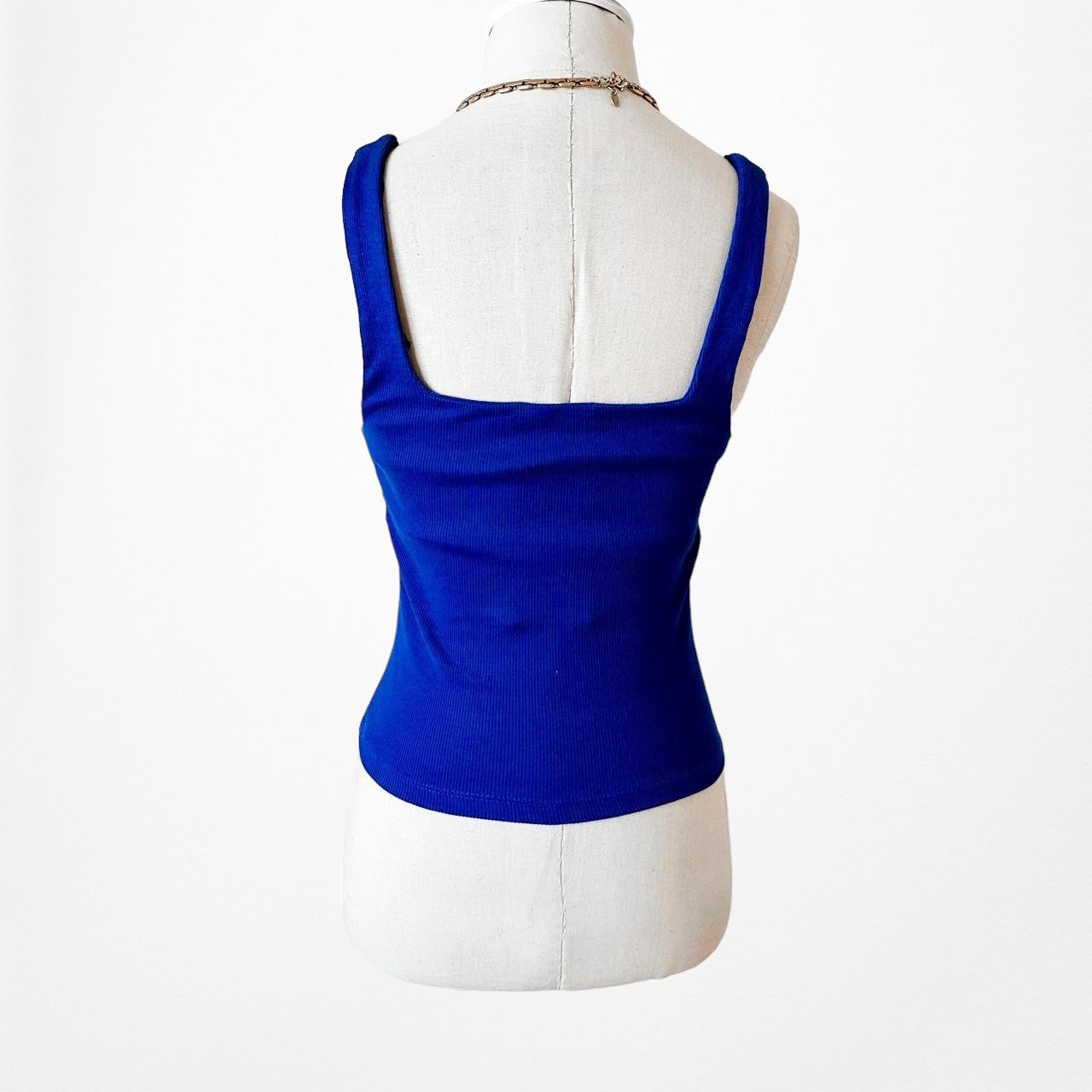 Zara Blue Ribbed Knit Square Neck Fitted Casual Tank Top Size XS/S/M