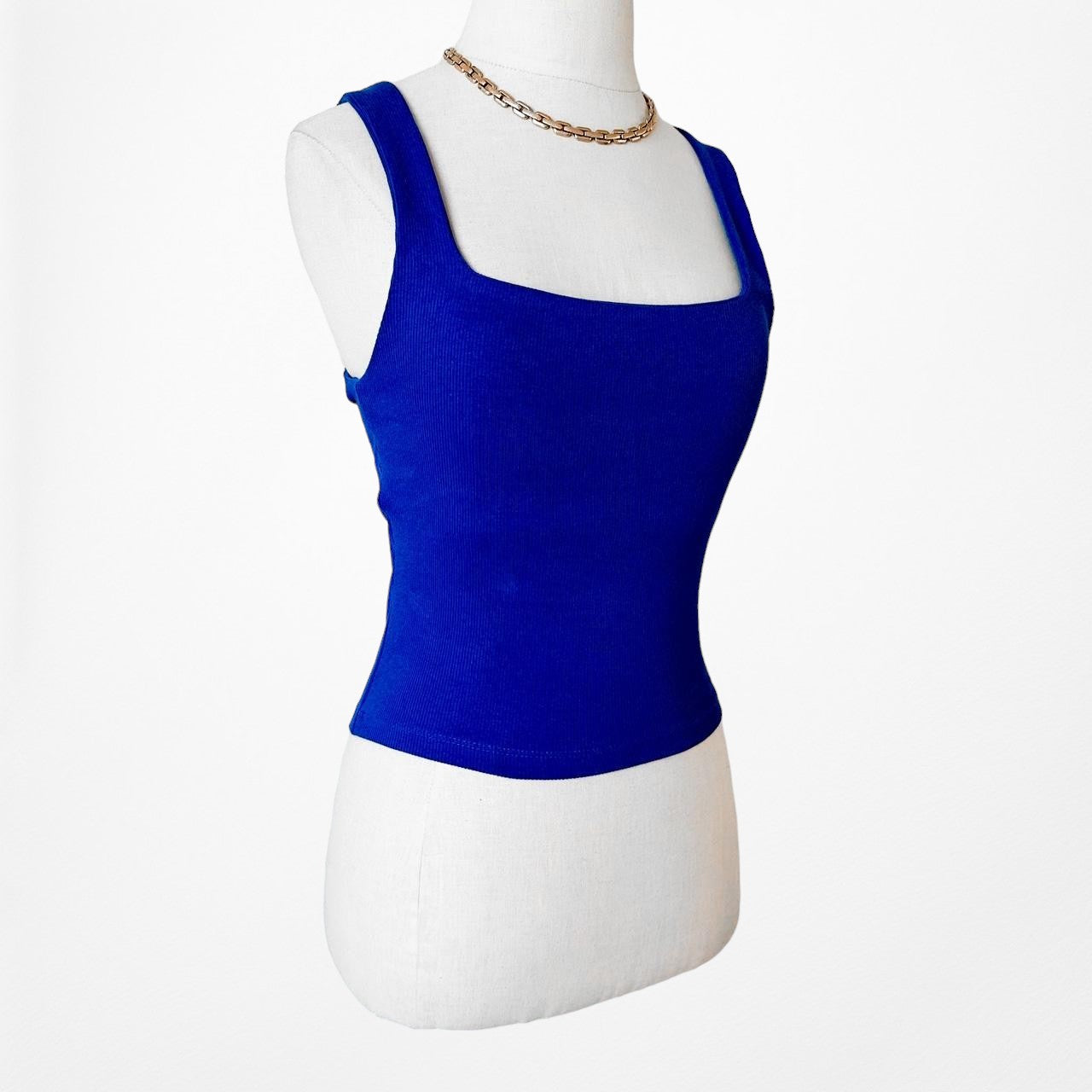 Zara Blue Ribbed Knit Square Neck Fitted Casual Tank Top Size XS/S/M