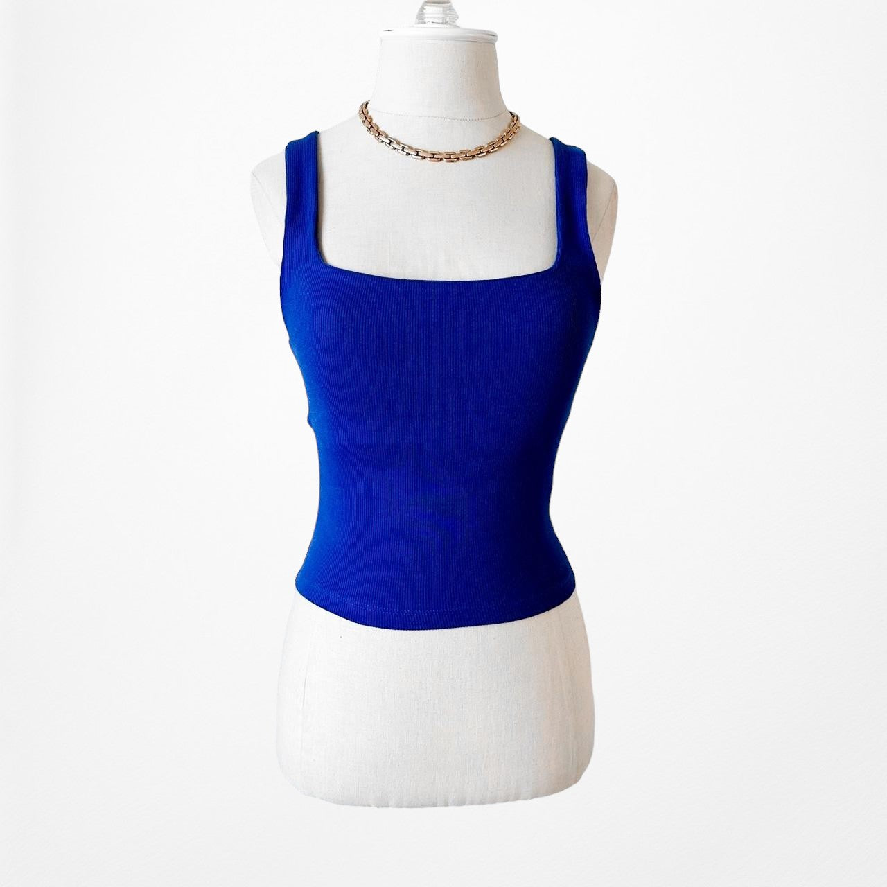 Zara Blue Ribbed Knit Square Neck Fitted Casual Tank Top Size XS/S/M