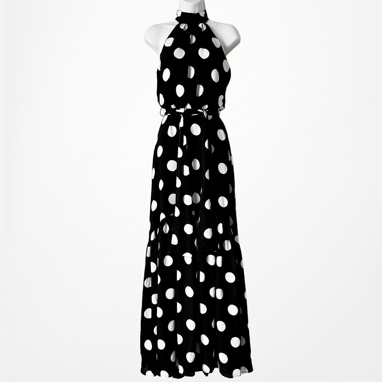 Mango Black White Turtleneck Polka Dot Fit Flared Maxi Sundress Dress Size XS/S