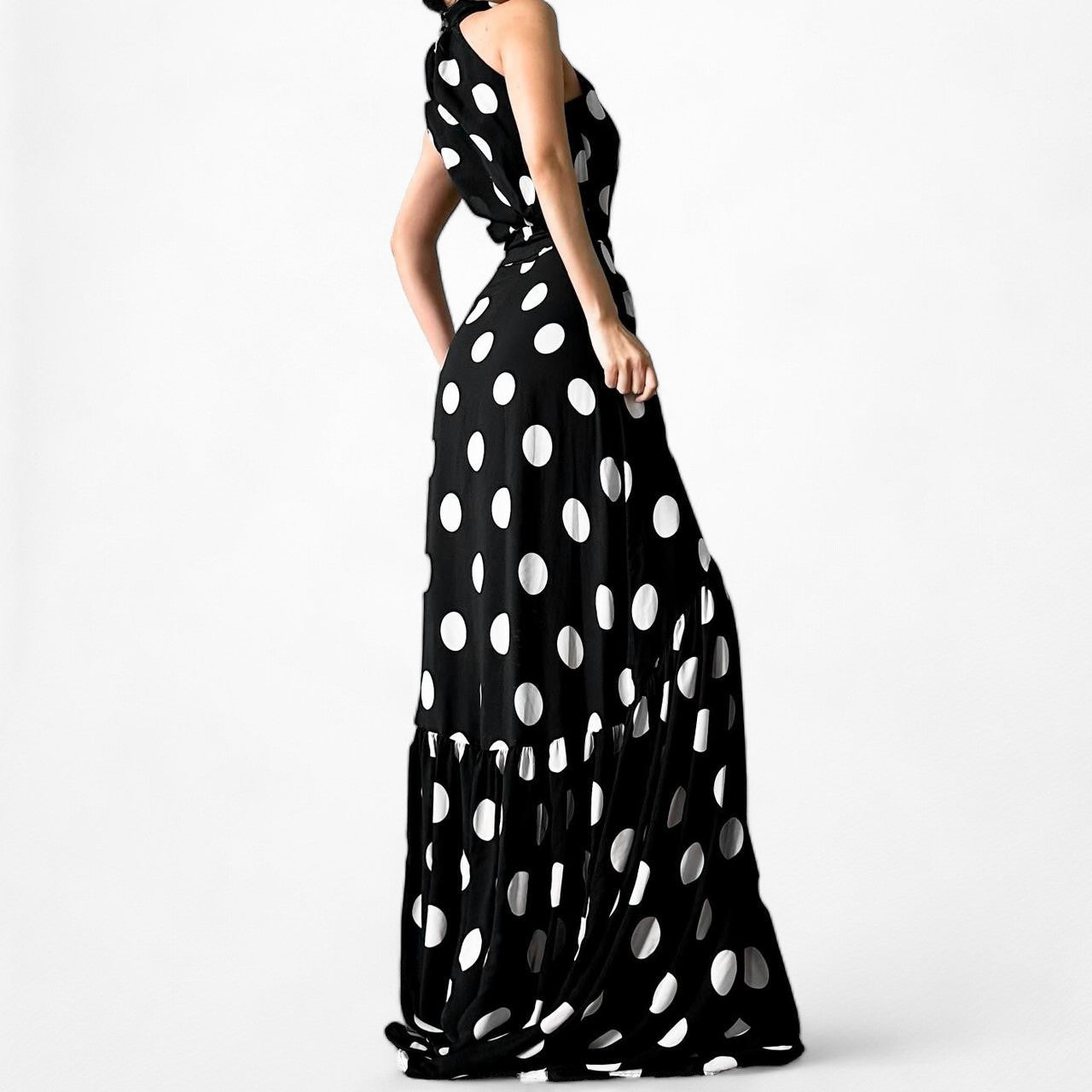 Mango Black White Turtleneck Polka Dot Fit Flared Maxi Sundress Dress Size XS/S