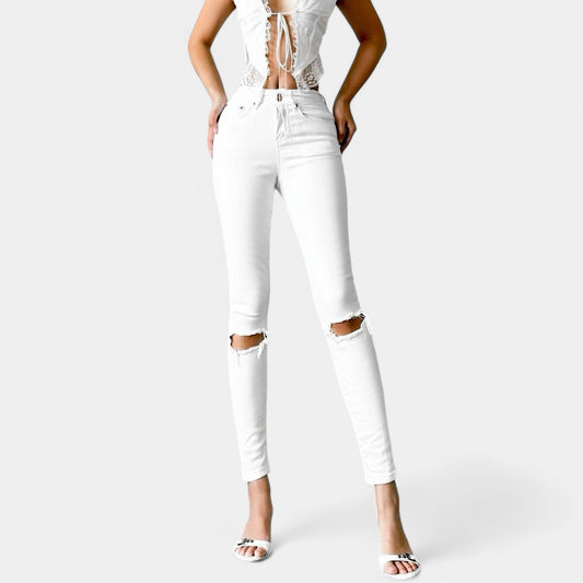 ASOS White High Waisted Distressed Ripped Knees Skinny Denim Jeans Size 24/XS