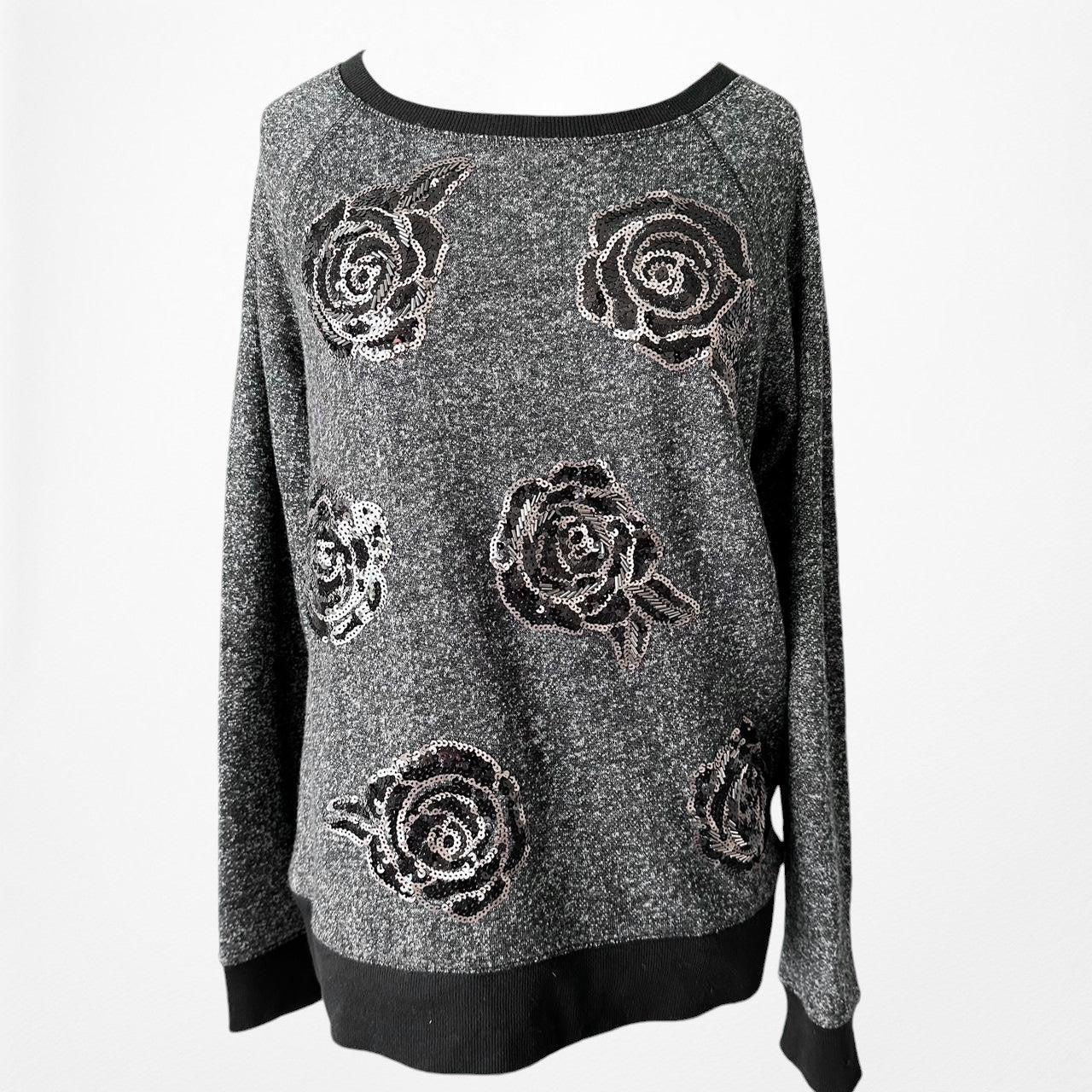 Apt. 9 Gray Black Sequin Floral Sequin Embellished Pullover Sweater Size S