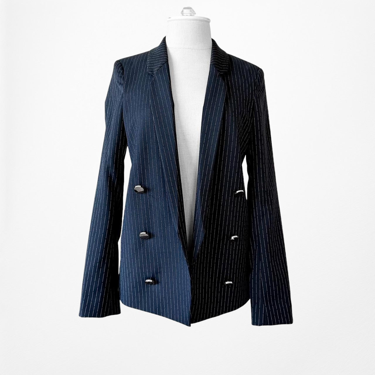 River Island Navy Blue Striped Double Breasted Blazer Jacket Suit Size 8/S