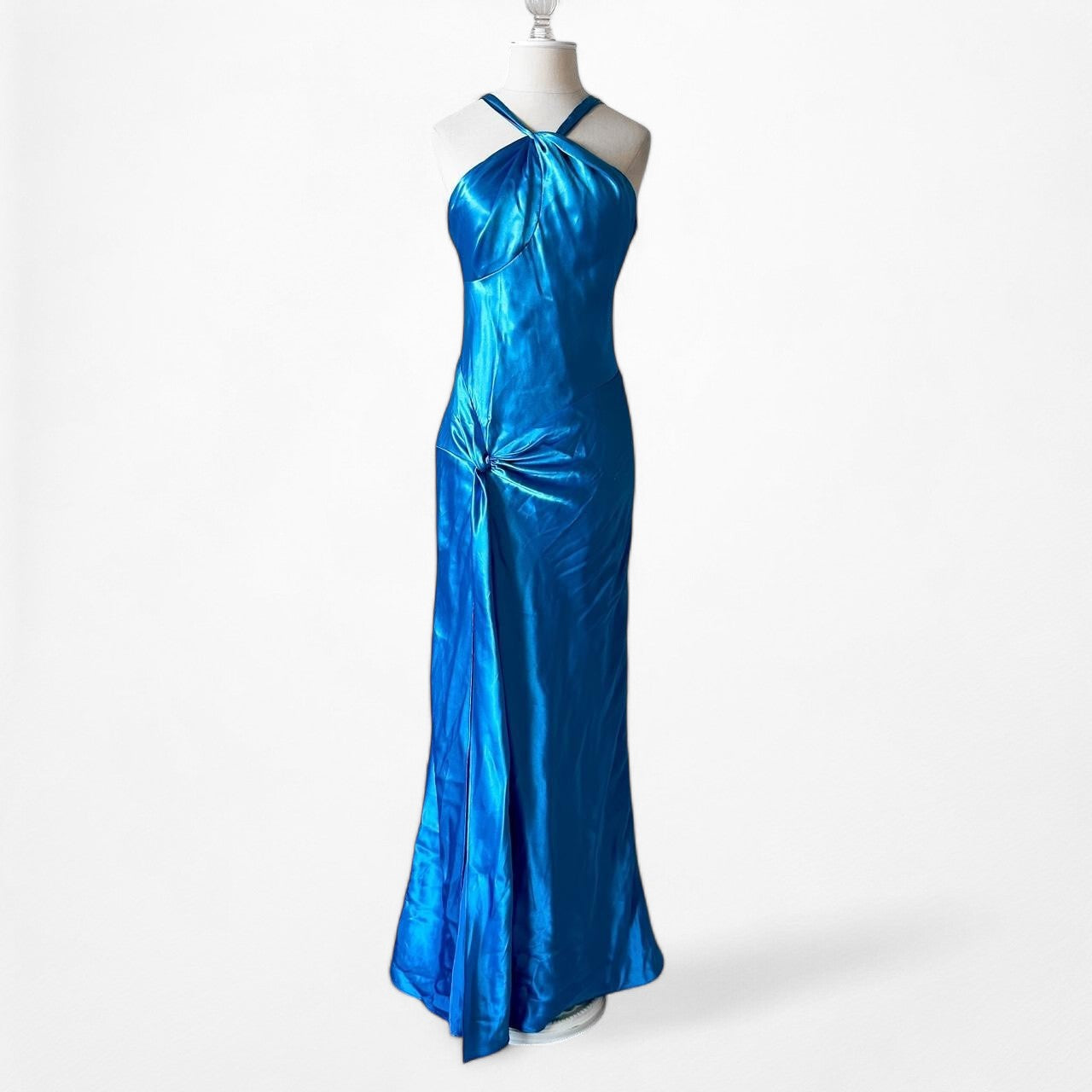 Blue Satin Halter Neck Pleated Side Slit Formal Prom Maxi Dress Size 4/S