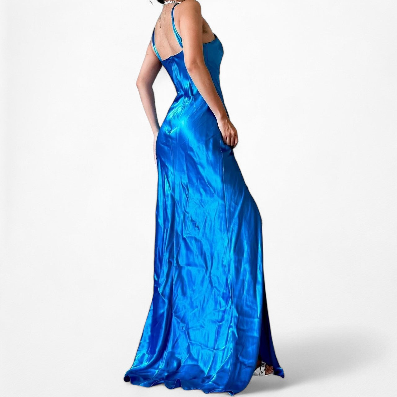 Blue Satin Halter Neck Pleated Side Slit Formal Prom Maxi Dress Size 4/S