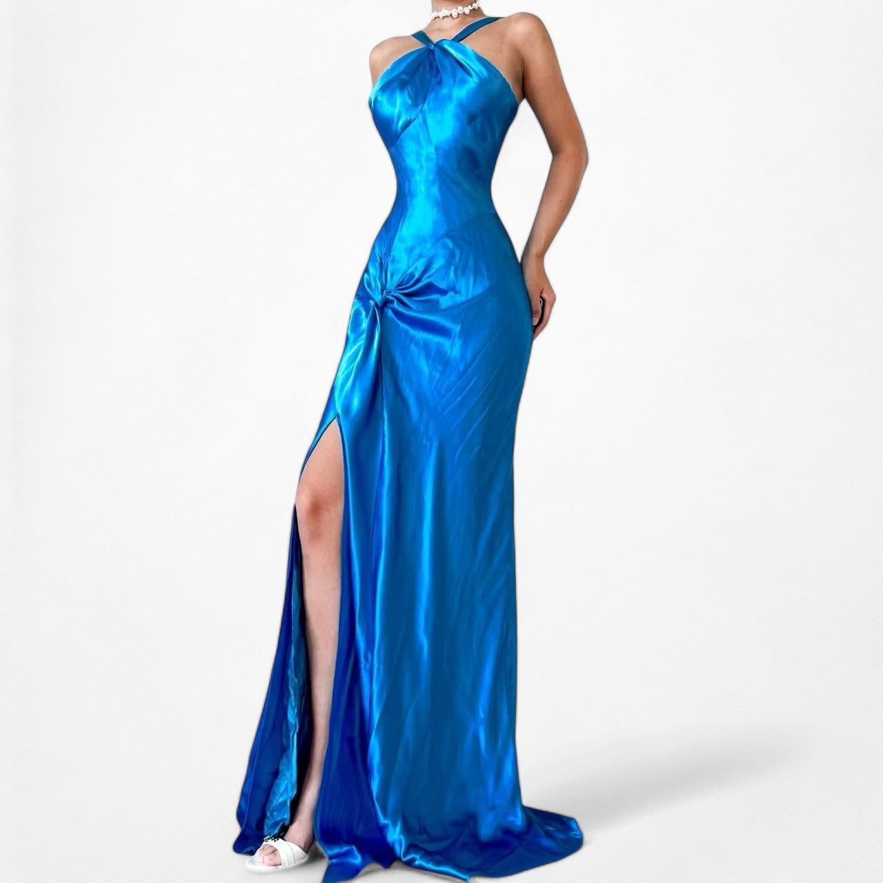 Blue Satin Halter Neck Pleated Side Slit Formal Prom Maxi Dress Size 4/S