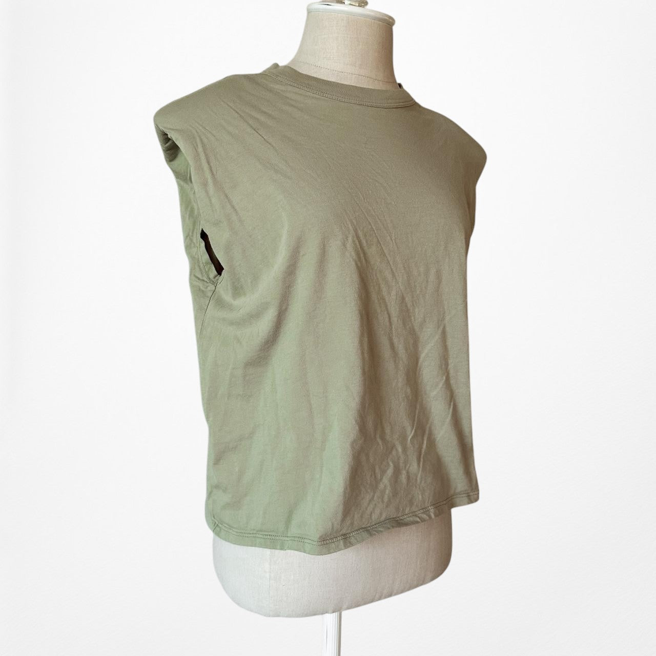 Mango Olive Green Sleeveless Padded Shoulder Knit Shirt Tank Top Size XS/S