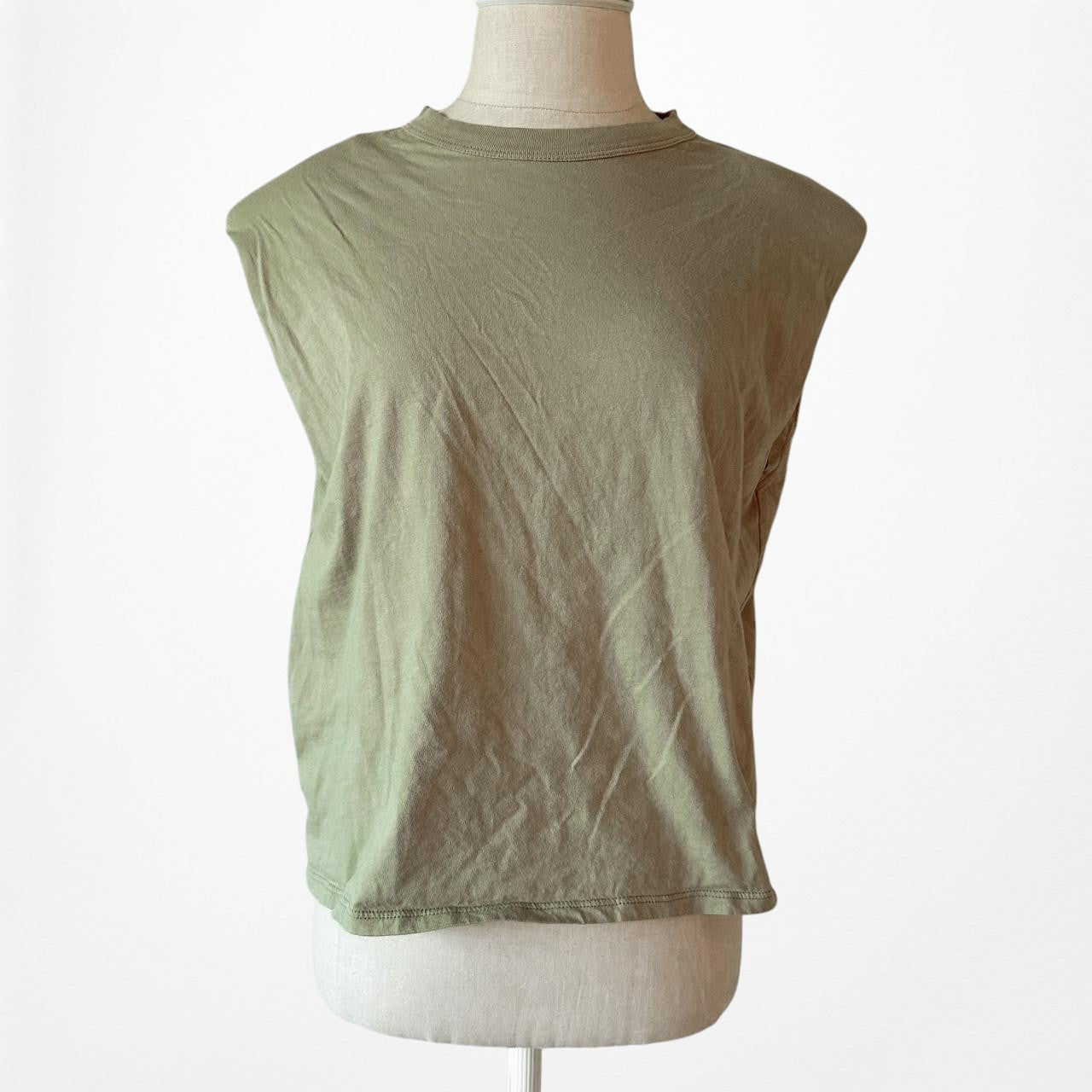 Mango Olive Green Sleeveless Padded Shoulder Knit Shirt Tank Top Size XS/S