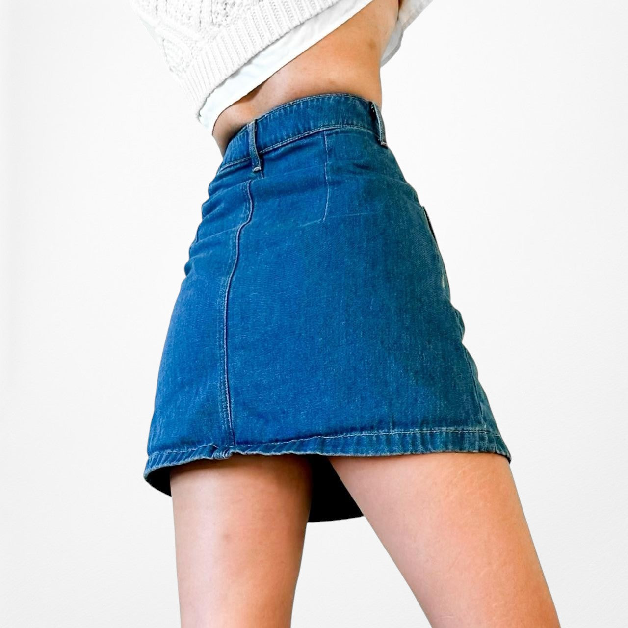 H&M Blue Button Front High Waisted Denim A-Line Mini Skirt Size XS