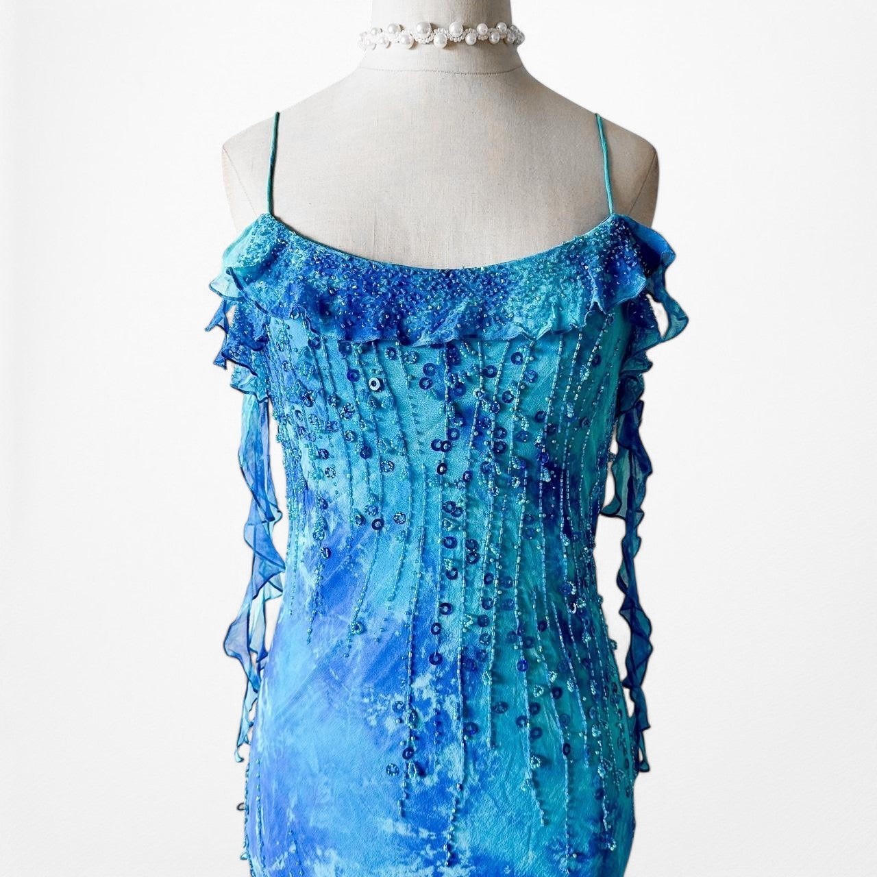 Vintage Blue Beaded Ruffle Silk Asymmetric Hem Midi Dress Size S