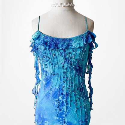 Vintage Blue Beaded Ruffle Silk Asymmetric Hem Midi Dress Size S