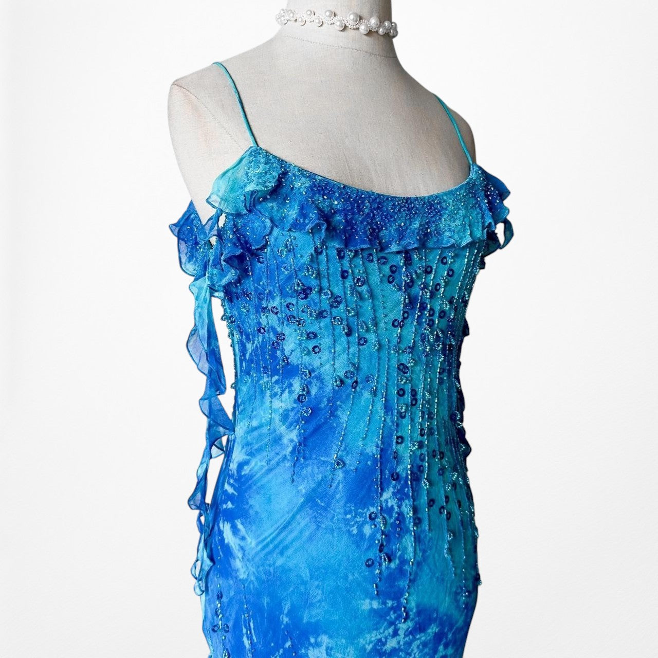 Vintage Blue Beaded Ruffle Silk Asymmetric Hem Midi Dress Size S