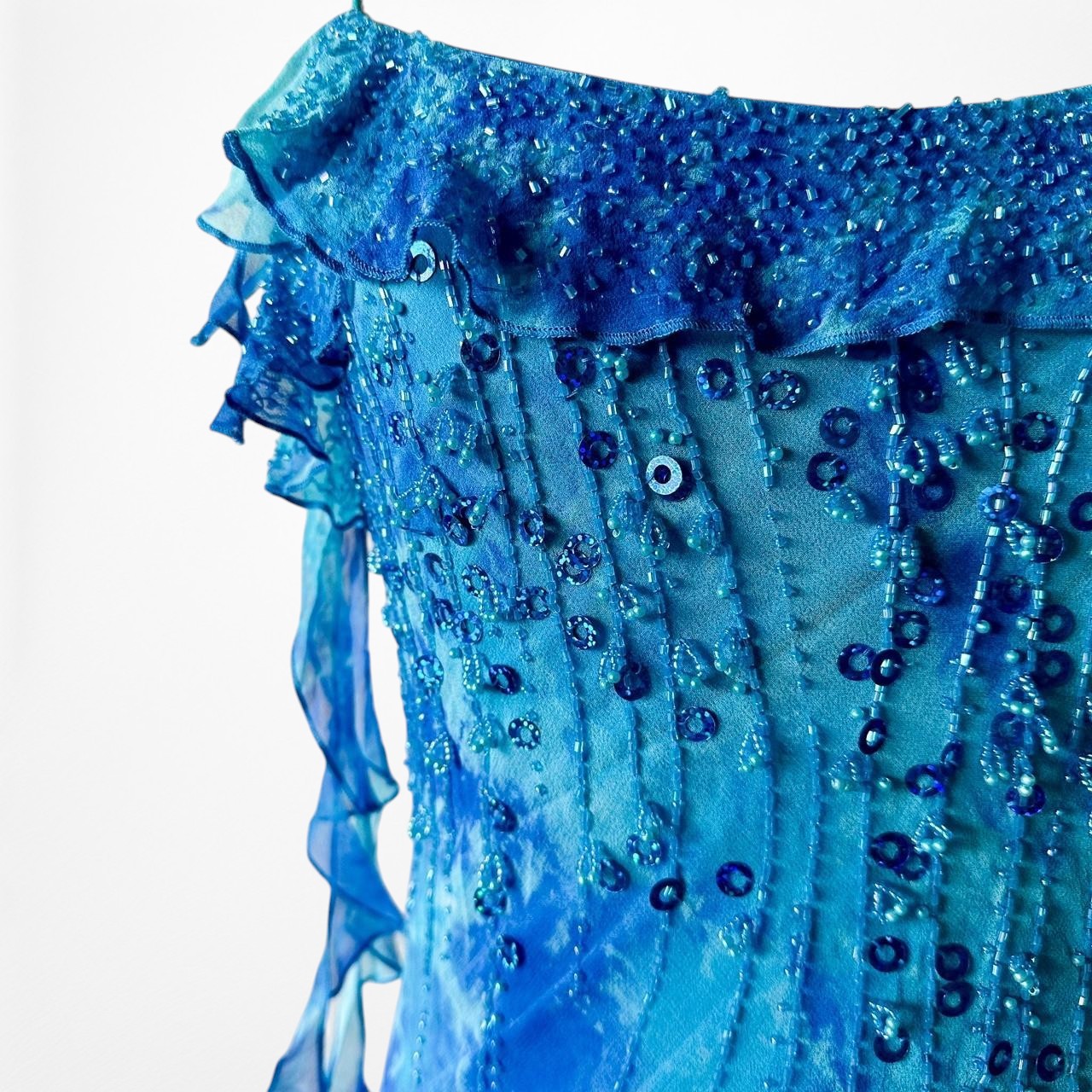 Vintage Blue Beaded Ruffle Silk Asymmetric Hem Midi Dress Size S