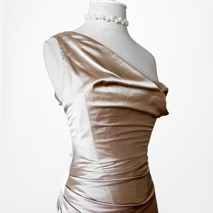 Babyboo Champagne Beige Satin One Shoulder Bustier Corset Maxi Dress Size XS/S