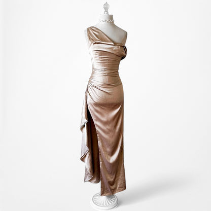 Babyboo Champagne Beige Satin One Shoulder Bustier Corset Maxi Dress Size XS/S