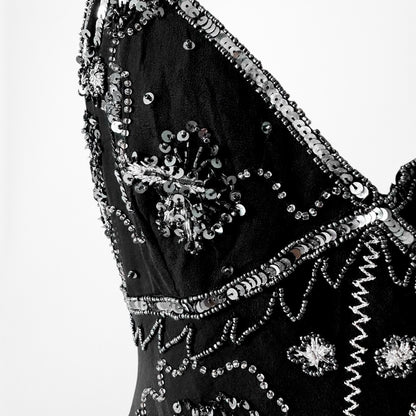 Vintage Black Sequin Beaded Silk Knee Length Bodycon Cocktail Dress Size S