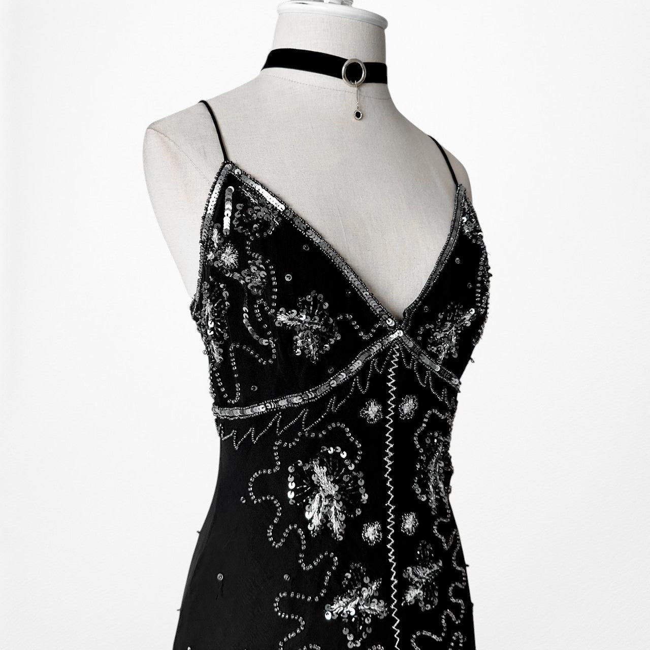 Vintage Black Sequin Beaded Silk Knee Length Bodycon Cocktail Dress Size S