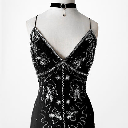 Vintage Black Sequin Beaded Silk Knee Length Bodycon Cocktail Dress Size S