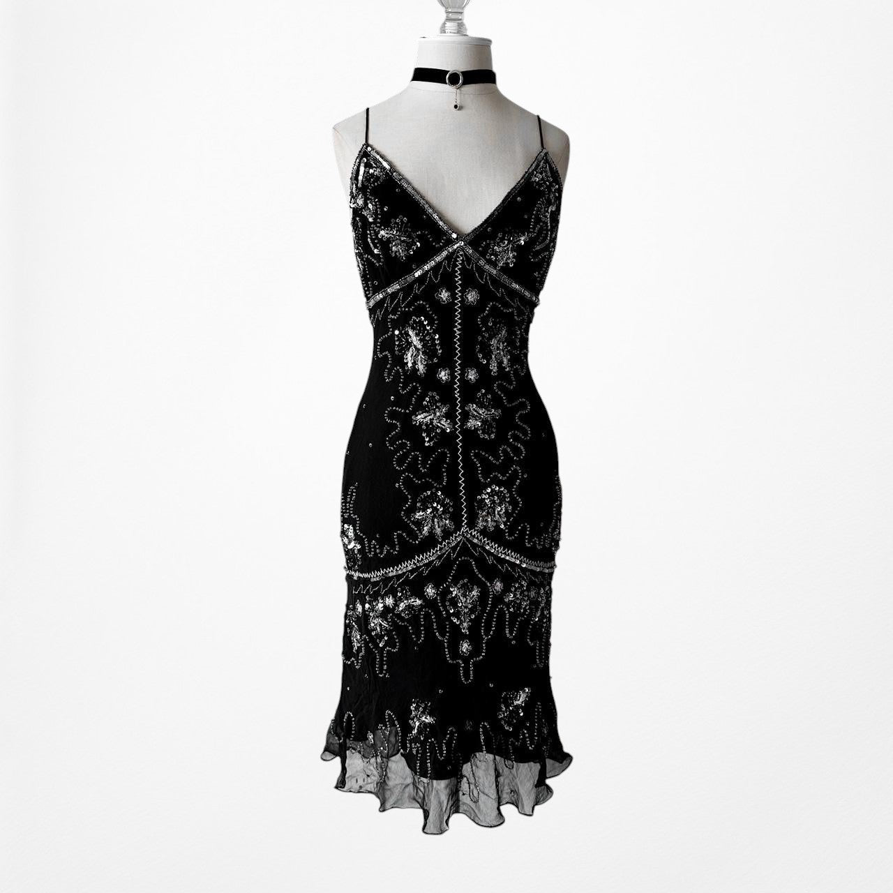 Vintage Black Sequin Beaded Silk Knee Length Bodycon Cocktail Dress Size S