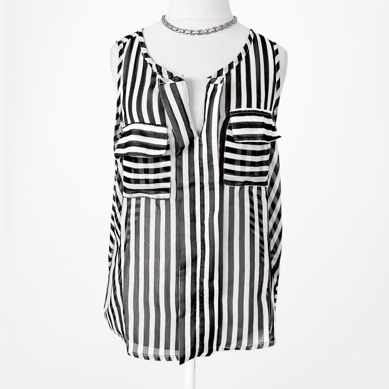 Vintage Y2K Black White Sleeveless Striped Sheer Tank Top Size XS/S
