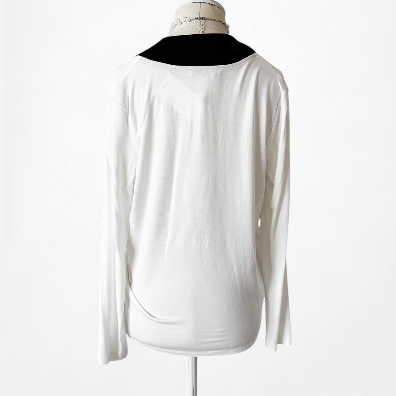 Mango White Black Colorblock Long Sleeve VNeck Blouse Knit Top Size XS/S