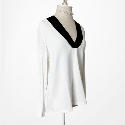 Mango White Black Colorblock Long Sleeve VNeck Blouse Knit Top Size XS/S