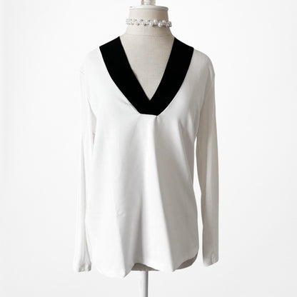Mango White Black Colorblock Long Sleeve VNeck Blouse Knit Top Size XS/S