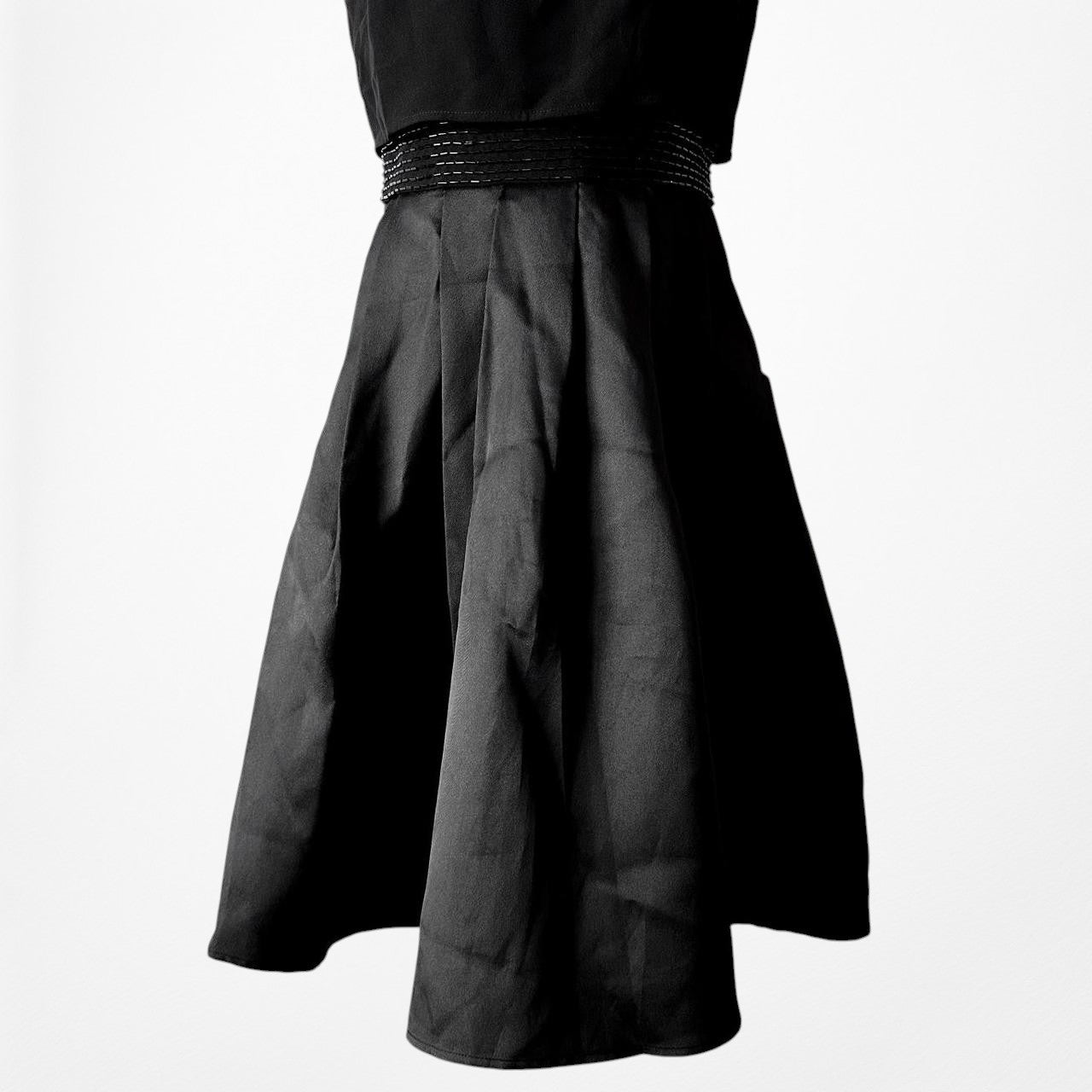 SLNY Black Satin Pleated Flared Knee Length Skater Formal Dress Size 6/M