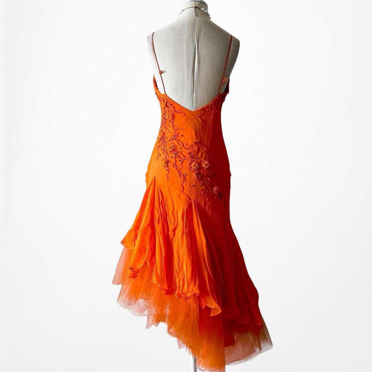 Orange Silk Floral Applique Beaded Tulle Fit Flared Midi Prom Dress Size S