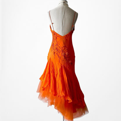 Orange Silk Floral Applique Beaded Tulle Fit Flared Midi Prom Dress Size S