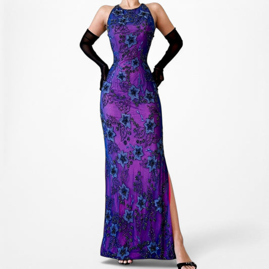 Vintage Purple Blue Mesh Floral Beaded Slit Silk Bodycon Maxi Formal Prom Dress Size 6