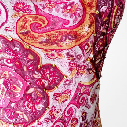 Vintage Pink Paisley Print Silk Sleeveless Beaded Ruffle Midi Cocktail Dress Size S/M
