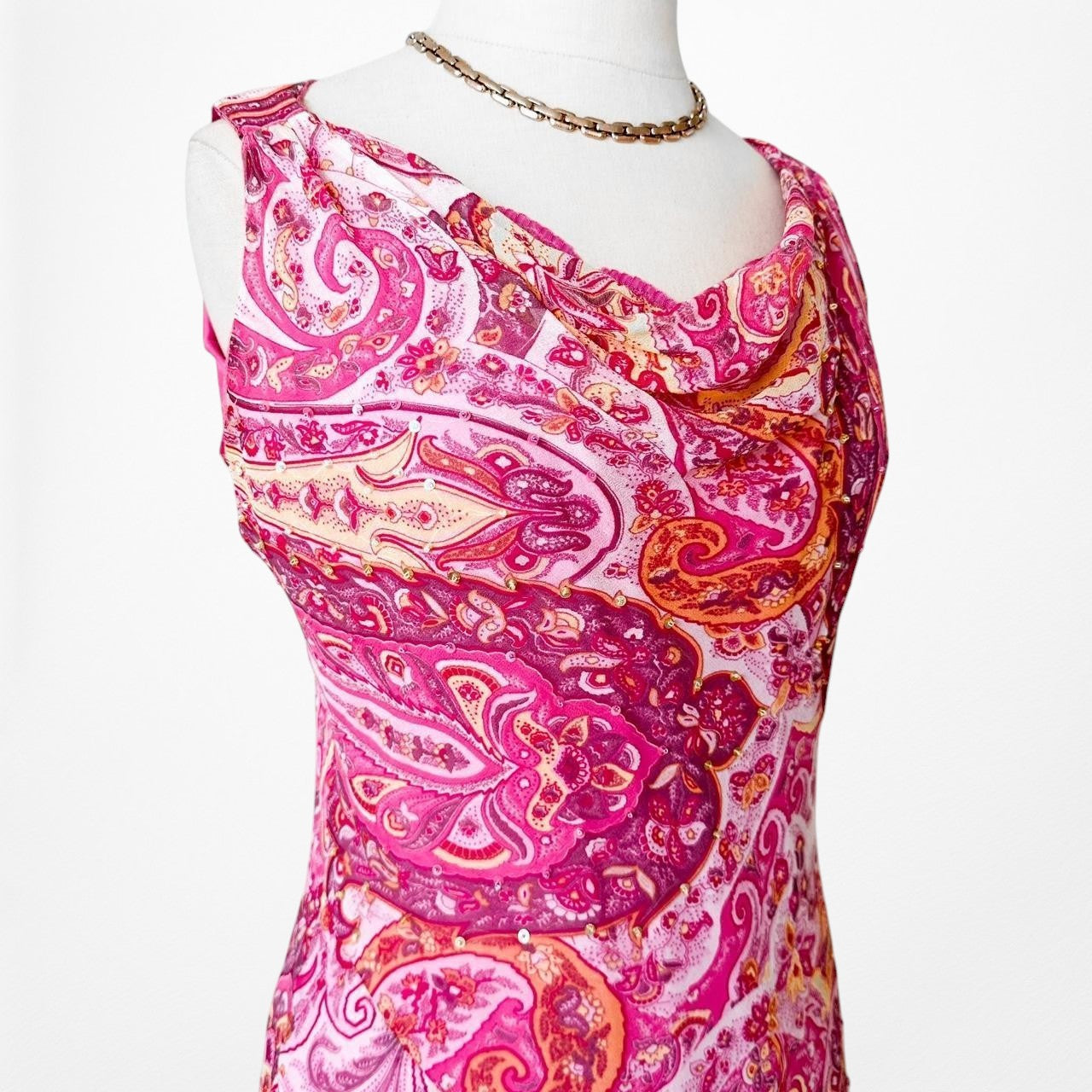 Vintage Pink Paisley Print Silk Sleeveless Beaded Ruffle Midi Cocktail Dress Size S/M