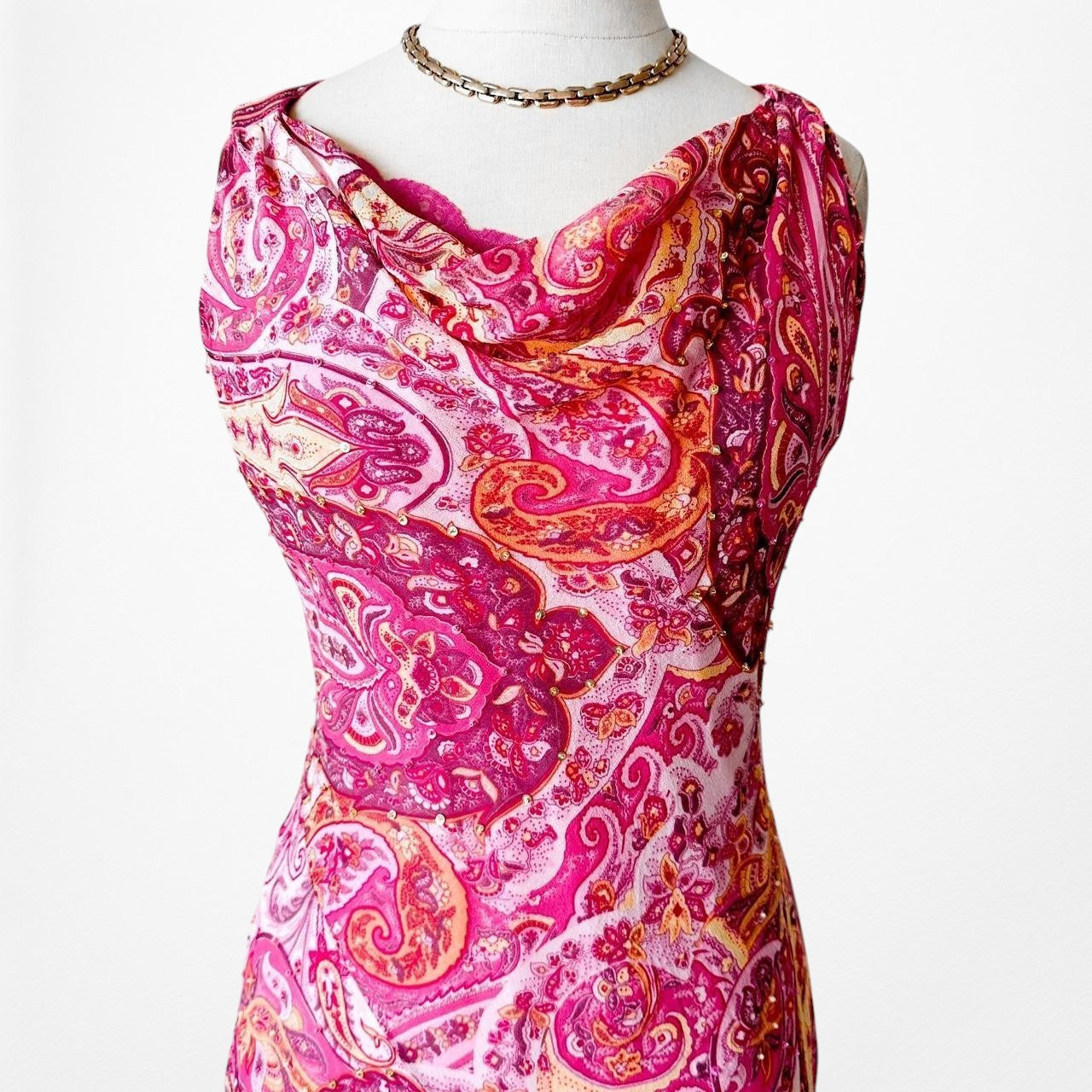 Vintage Pink Paisley Print Silk Sleeveless Beaded Ruffle Midi Cocktail Dress Size S/M