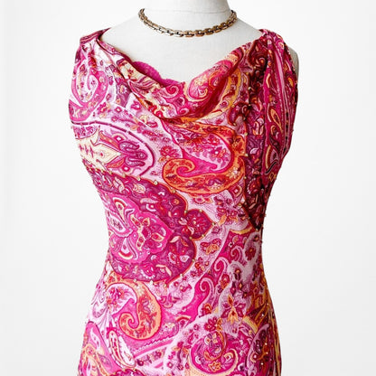 Vintage Pink Paisley Print Silk Sleeveless Beaded Ruffle Midi Cocktail Dress Size S/M