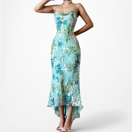 Vintage Blue Silk Floral Beaded Slip On Midi Bodycon Dress Size S/M