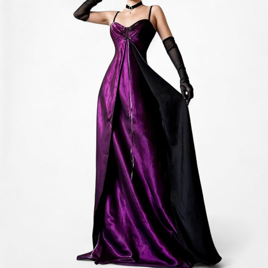 Vintage Purple Babydoll Satin Fit Flared Maxi Formal Cocktail Prom Dress Size S/M