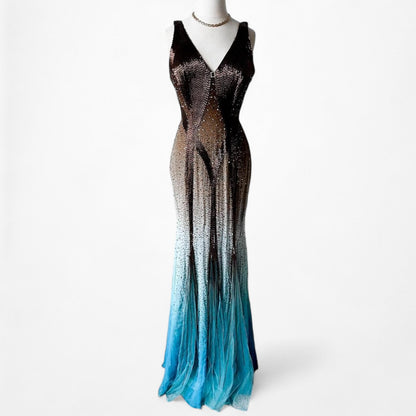 Vintage Blue Brown Silk Beaded Maxi Bodycon Formal Cocktail Prom Dress Size S