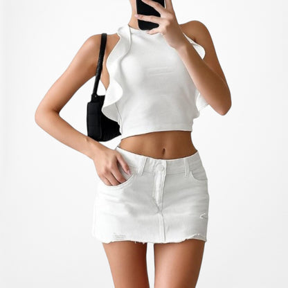 H&M Off White Knit Ruffle Halter Open Back Crop Top Size XS